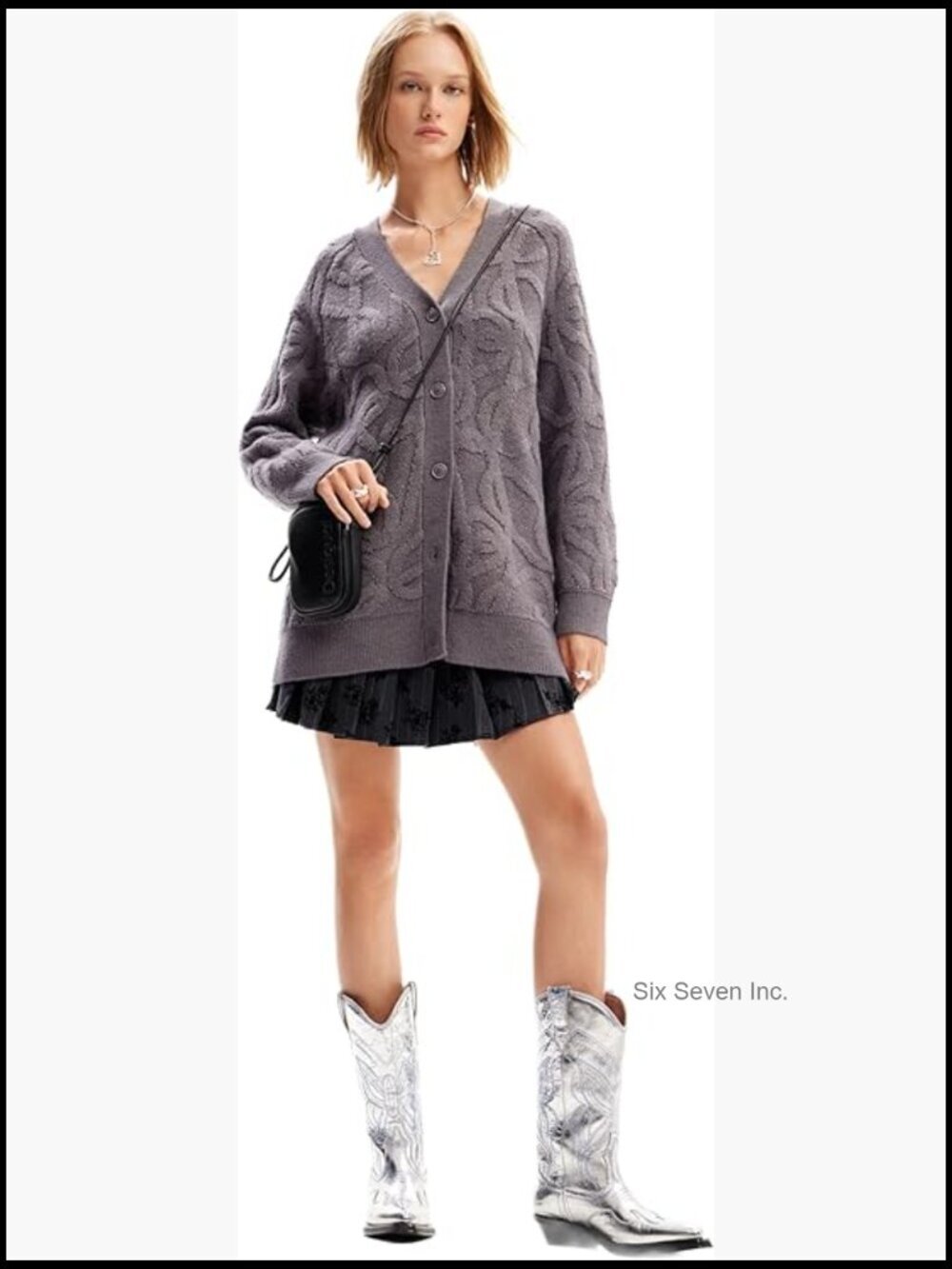 Woman Flat Knit Thick Gauge Cardigan, Button Front, Recycled Acrylic